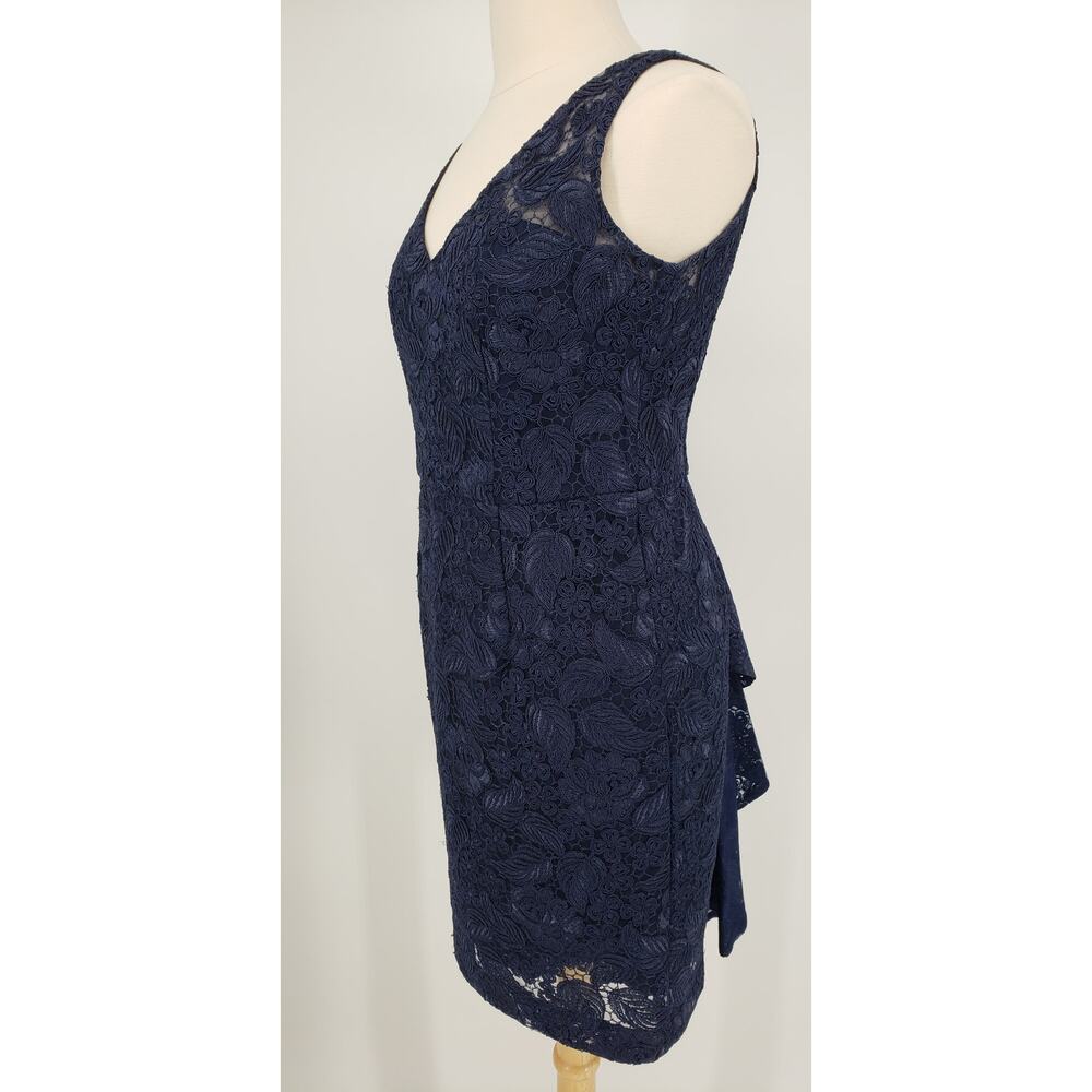 ML Monique Lhuillier Follow Suit Sheath Dress 12 Floral Leaf Lace Cocktail Navy - Picture 6 of 14